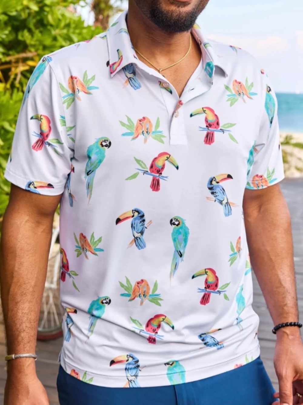 Chubbies Performance Polo Parrot Print White Stretch Golf Shirt Size XL